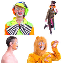 Collage of four pictures isolated: close-up portrait of smiling and fooling around animator in...