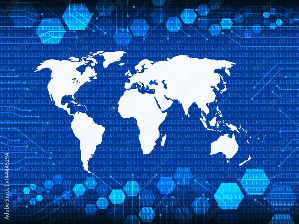 Aufkleber blue cyber security world atlas map with drop shadow and digital matrix background