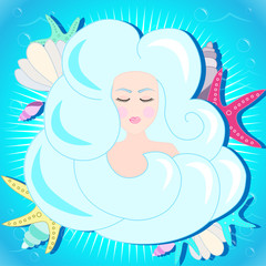 Beautiful woman icon with blue hair in marine background