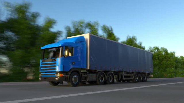 Speeding freight semi truck. Road cargo transportation. Seamless loop 4K clip