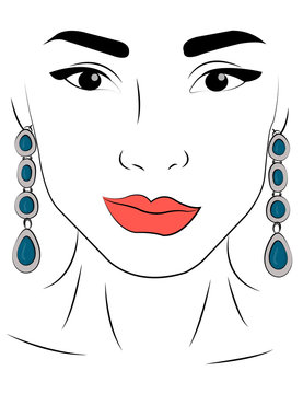 A girl in jewels. Silver earrings with blue stones eps 10 illustration