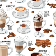 Coffee types seamless pattern