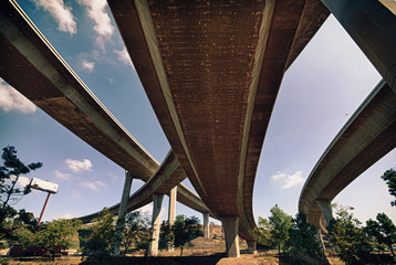 Soaring concrete freeway overpasses.