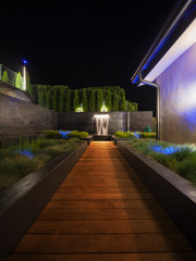 luxury garden with a fountain at night