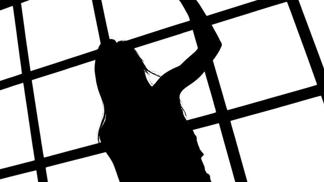 Silhouette of girl with long waving hair in profil on white background with grid window. Slow motion.