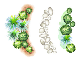 Garden flower bed and garden path. Watercolor