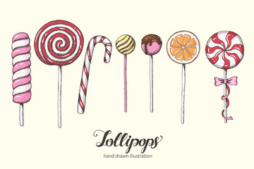 Set of hand drawn Lollipops. Sweets, desert menu. Lettering. Sketch. Vector design