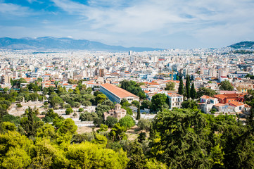 Greece, Athens, August 2016, The Acropolis of Athens, ancient citadel located on an extremely rocky outcrop above the city of Athens. Panorama view to the city od Athens