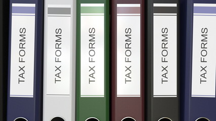 Multiple office folders with Tax forms text labels 3D rendering