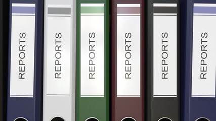 Multiple office folders with Reports text labels 3D rendering