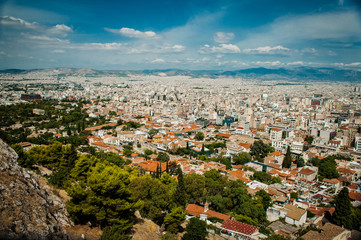Greece, Athens, August 2016, The Acropolis of Athens, ancient citadel located on an extremely rocky outcrop above the city of Athens. Panorama view to the city od Athens
