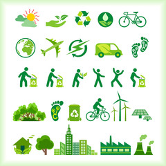 Silhouette icons and symbols of actions, vehicles, nature and green energy. Vector Illustration.