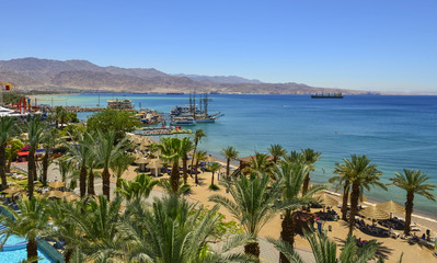 Central public beach of Eilat - number one resort and recreational city in Israel located on the Red Sea