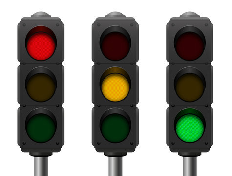 Traffic lights with three different signals - red, yellow, green - realistic three-dimensional isolated vector illustration on white background.