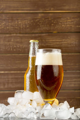Bottles of cold and fresh beer with ice
