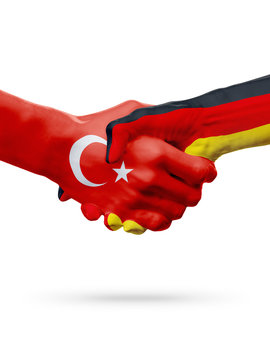 Flags Republic of Turkey, Germany countries, partnership friendship handshake concept.
