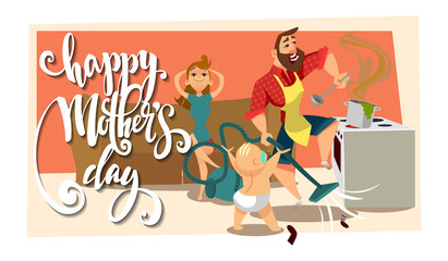 Postcard with Mother's Day. The woman is resting on the couch, and the man is cooking and vacuuming.