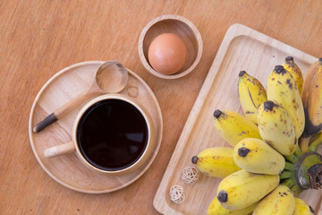Healthy breakfast  - black coffee, boiled egg and fresh banana