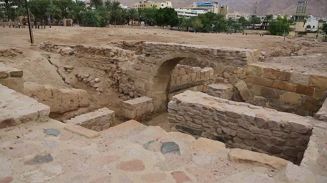 Ruins of ancient Ayla - medieval islamic city in present Aqaba city, Hashemite Kingdom of Jordan. Early islamic Ayla