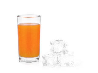 Orange juice glass and ice , isolated on white background