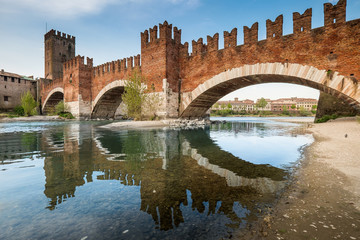 Fototapeta premium Verona, Italy. Detail of medieval stone bridge of Ponte Scaligero, over Adige River, built in 14th century near Castelvecchio