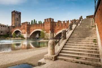 Verona, Italy. Detail of medieval stone bridge of Ponte Scaligero, over Adige River, built in 14th century near Castelvecchio