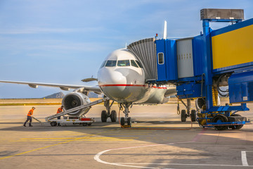 Passenger jet airplane at airport gate