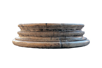 old dilapidated brown Roman antique marble basis of the column isolated on white background