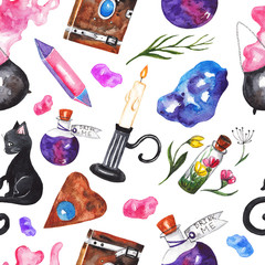 Seamless pattern with magic things. Magic book, potion, cauldron, crystal, magic stones, candle, black cat, dried flowers. Witch's background