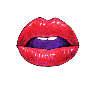 Beautiful sexual woman open lips isolated on a white background. Female red lips drawing. Handwork. Color sketch felt-tip pens.