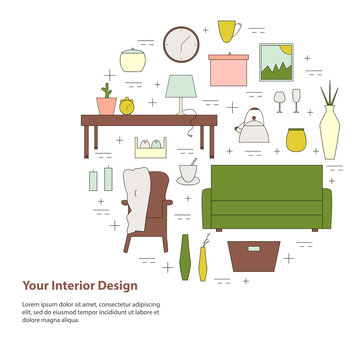Housewares vector elements. Interior design round concept.