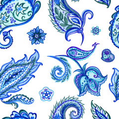 Fototapeta na wymiar Blue seamless watercolor paisley pattern.