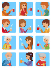 People with cup in his hand drinking hot coffee. Vector illustration icon