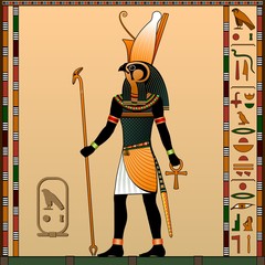 Religion of Ancient Egypt. Horus is the god of heaven, of royalty, the patron of the pharaohs. Ancient Egyptian god Horus in the guise of a man with a falcon head. Vector illustration.
 - obrazy, fototapety, plakaty