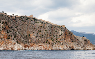 Alanya Castle.  The fortified walls of Alanya Castle in Southern Turkey as viewed from the...