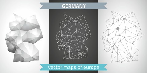 Germany set of grey and silver mosaic 3d polygonal maps. Graphic vector triangle geometry outline shadow perspective maps