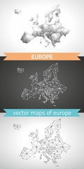 Europe set of grey and silver mosaic 3d polygonal maps. Graphic vector triangle geometry outline shadow perspective maps