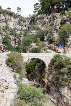 Koprulu Canyon.  A view of Kopru River and Koprulu Canyon.  Koprulu Canyon is a National Park in the province of Antalya, south western Turkey.  The canyon is crossed by the Roman Oluklu bridge.