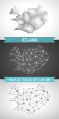 Iceland set of grey and silver mosaic 3d polygonal maps. Graphic vector triangle geometry outline shadow perspective maps