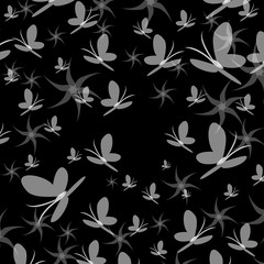 Silhouettes of butterflies swirling in black and white whirlwind of emotions. background