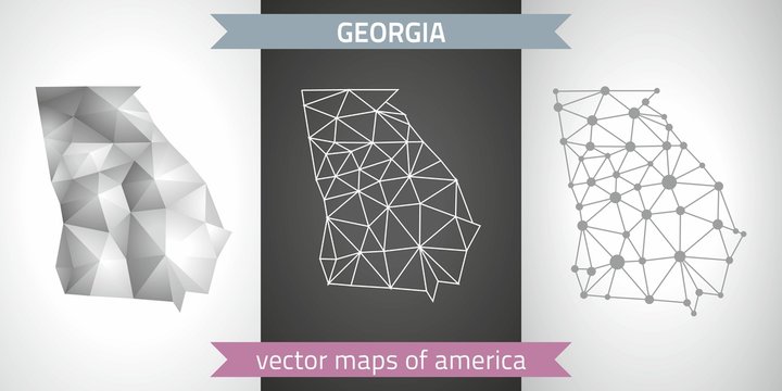 Georgia set of grey and silver mosaic 3d polygonal maps. Graphic vector triangle geometry outline shadow perspective maps