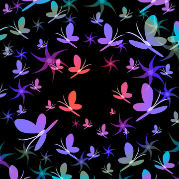 Silhouettes of butterflies swirling in the vortex of color sense. background