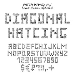 Hand drawn alphabet, written grunge font with latin symbols in technique of diagonal hatching: stylized black capital letters, numbers and punctuation. Vector illustration - obrazy, fototapety, plakaty