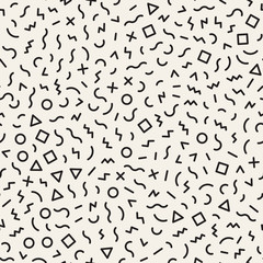 Scattered Geometric Shapes. Inspired by Memphis Style. Abstract Background Design. Vector Seamless Black and White Irregular Pattern.