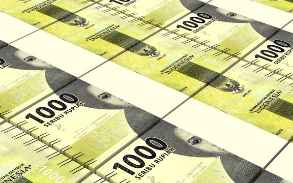 Indonesian rupiah bills stacks background. 3D illustration