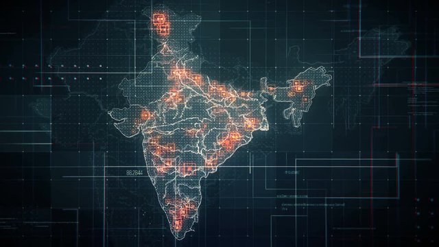 Black India Map with Lines Rollback Camera. Black India map with visual effects,square indicators and animated lines in different places.