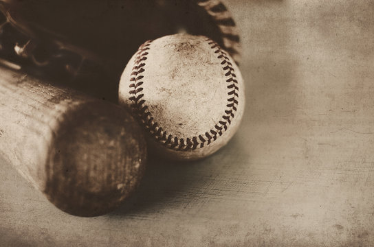 Vintage style baseball image with glove, bat and ball.  Perfect for game room print or sport background