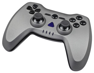 Grey game controller isolated on white background.