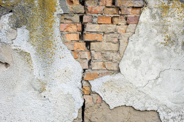 Red Clay Cracked Brick Wall Old Texture. Grungy Brickwall Horizontal Background. Vintage Interior Brickwork Backdrop. Brown White Stonewall Surface. Broken Retro Brickwork Structure.