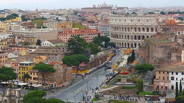 Aerial View of Rome and Colosseum from the palace of Vittorio Emmanuelle